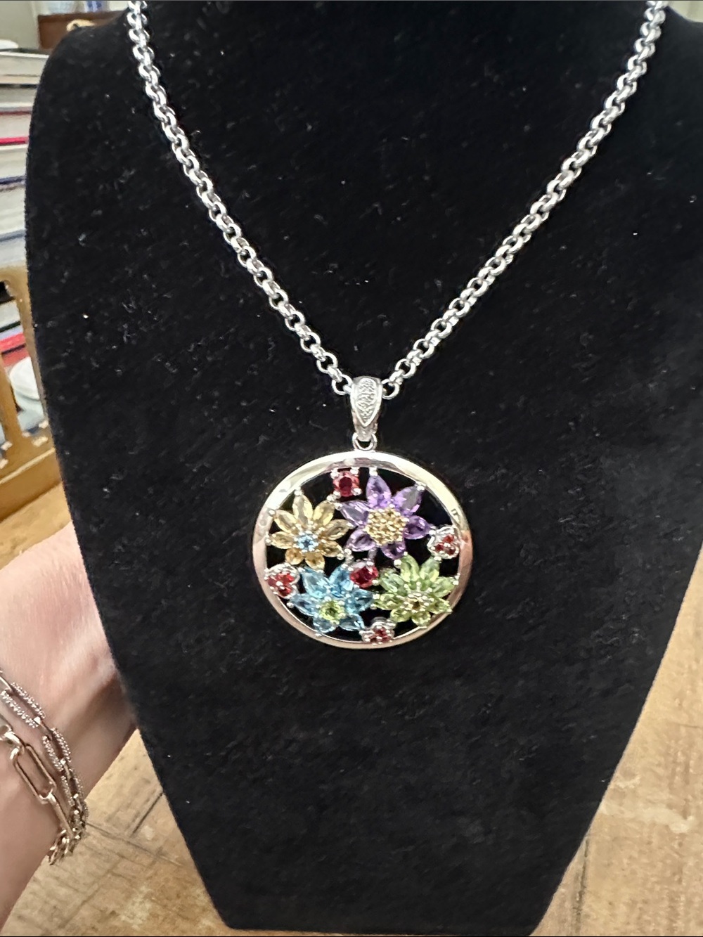 Multicolor Floral Crystal Pendant Necklace - Silver Chain